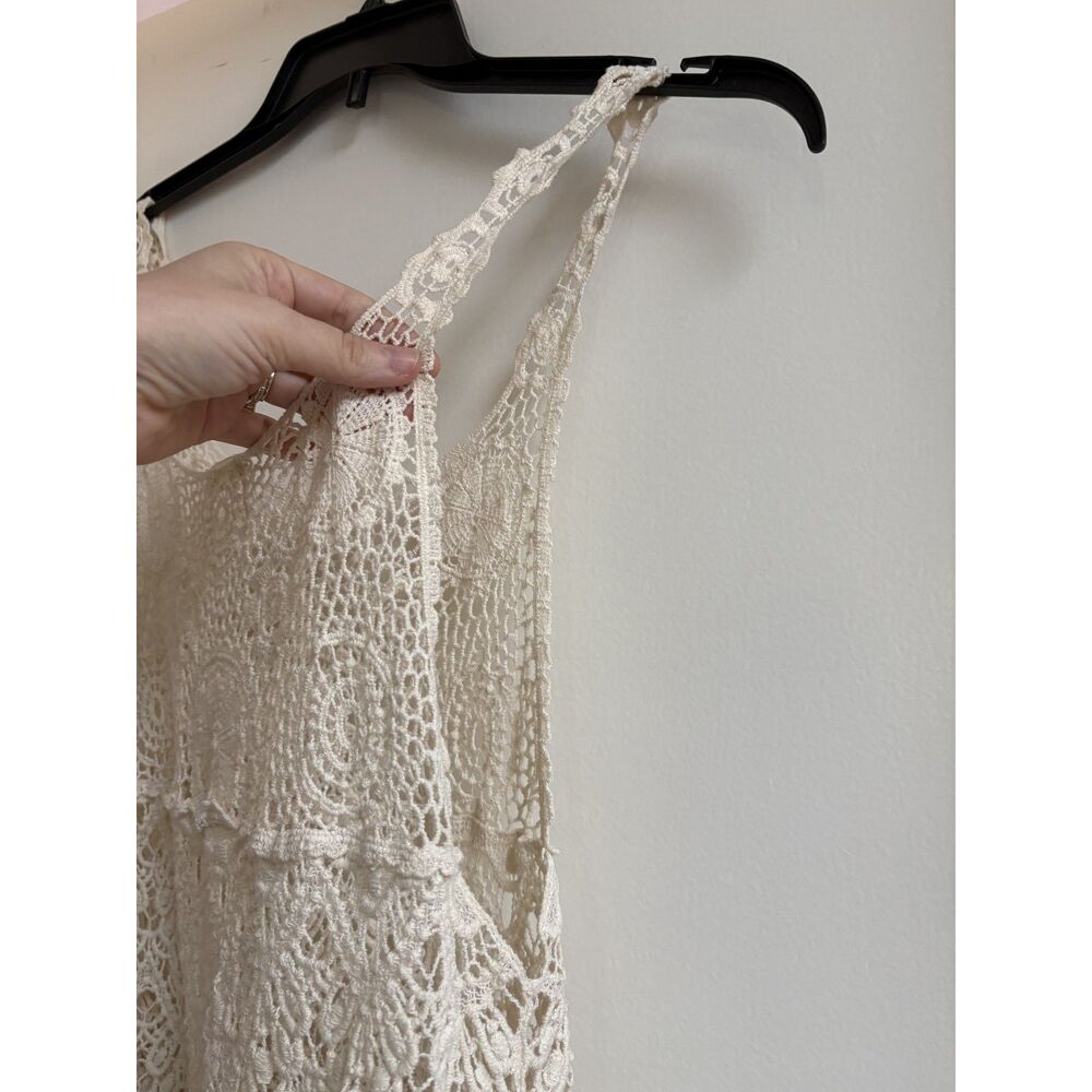 Debut Cream Lace Crochet Tank M L Vtg Floral Overlay Boho Resort Swim Cover Y2K - Picture 5 of 9